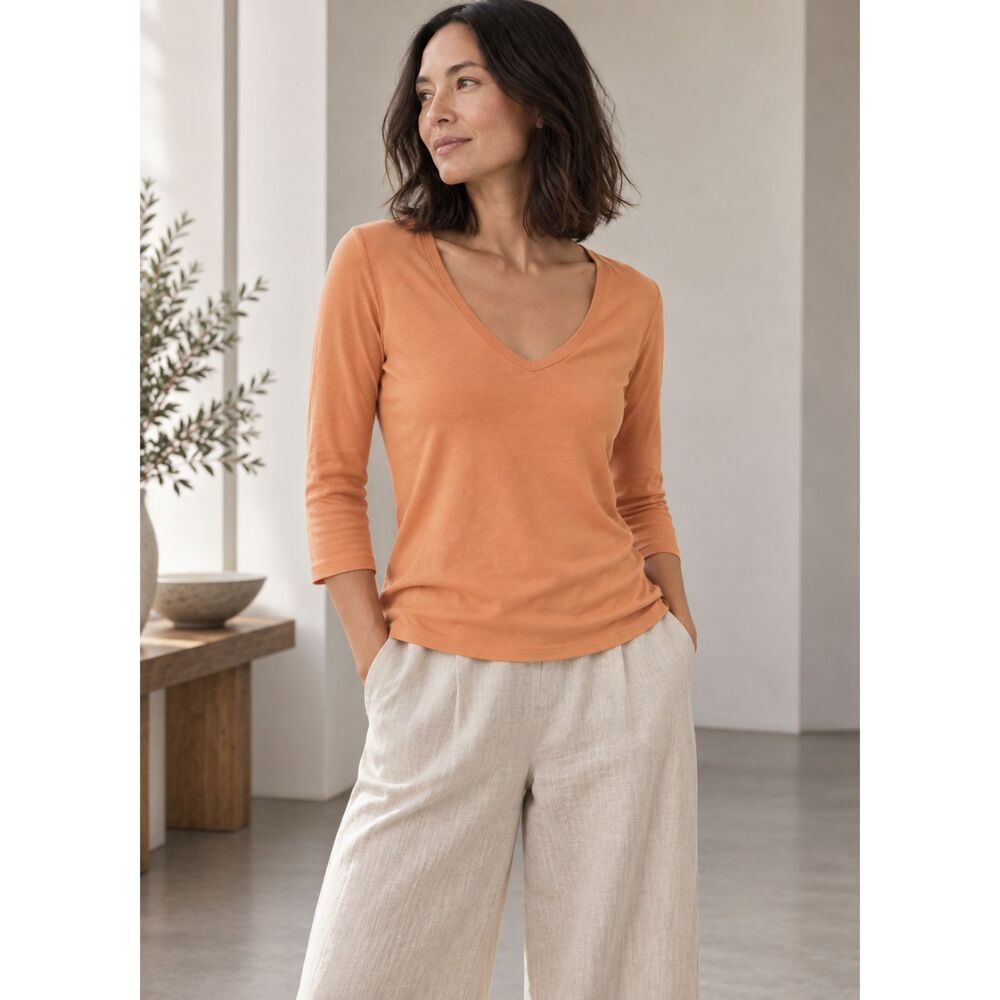 Eileen Fisher Apricot Organic Cotton Baby Rib 3/4-Sleeve Top Size X-Small NWOT